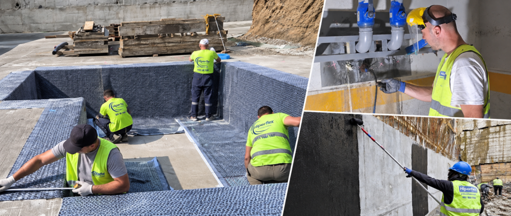 Kolaž Hiperflex radnika pri postavljanju membrane, injektiranju i nanošenju premaza